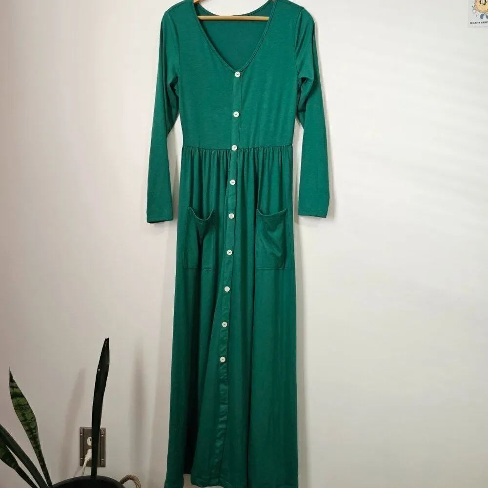 EUC LIKE NEW GREEN SCOOP NECK BUTTON DOWN SUPER MAXI LONGSLEEVE DRESS SIZE SMALL
